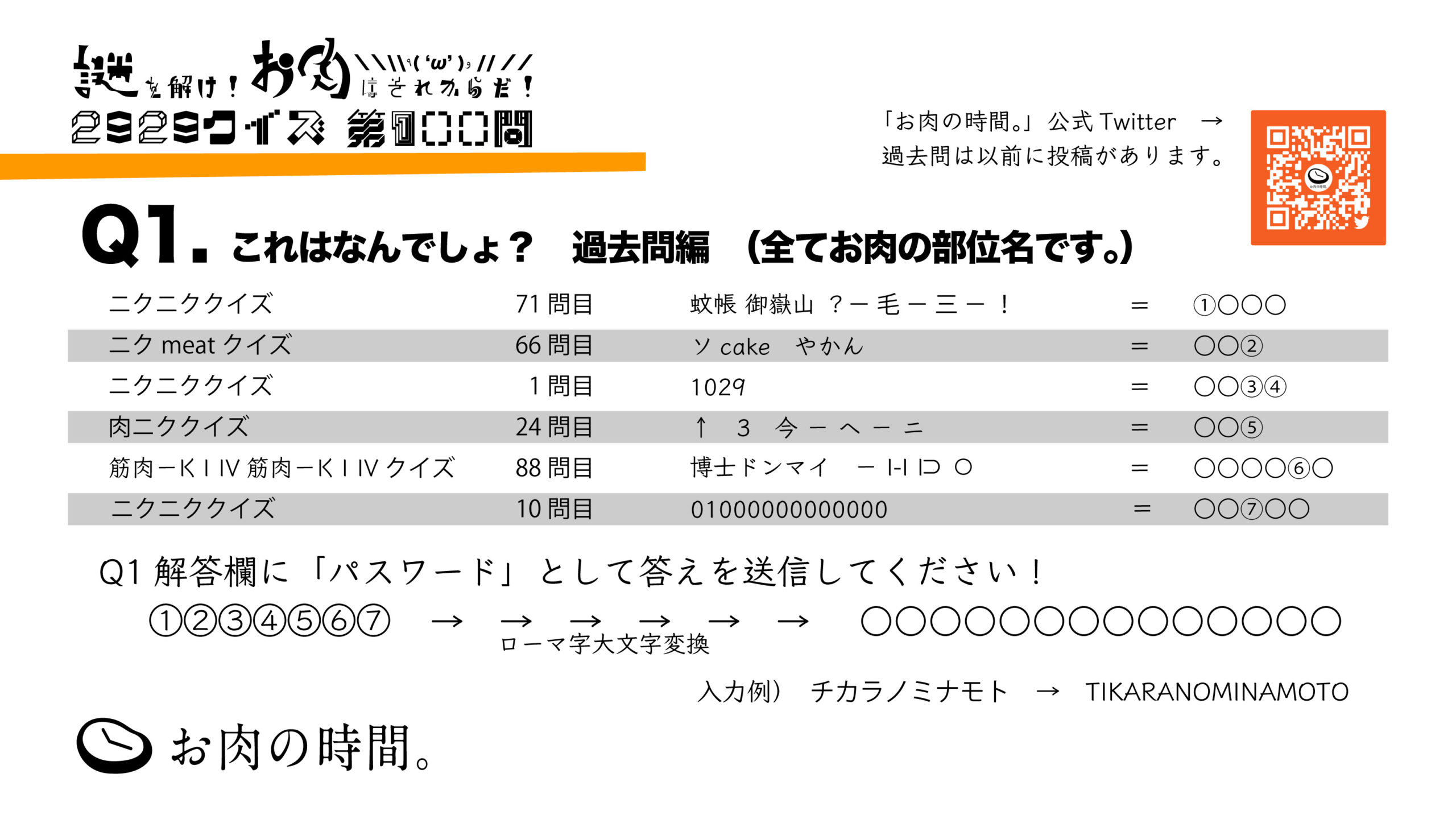 2929クイズ第100問 12 6朝9時までに謎を解いた方に抽選でお肉プレゼント お肉の時間