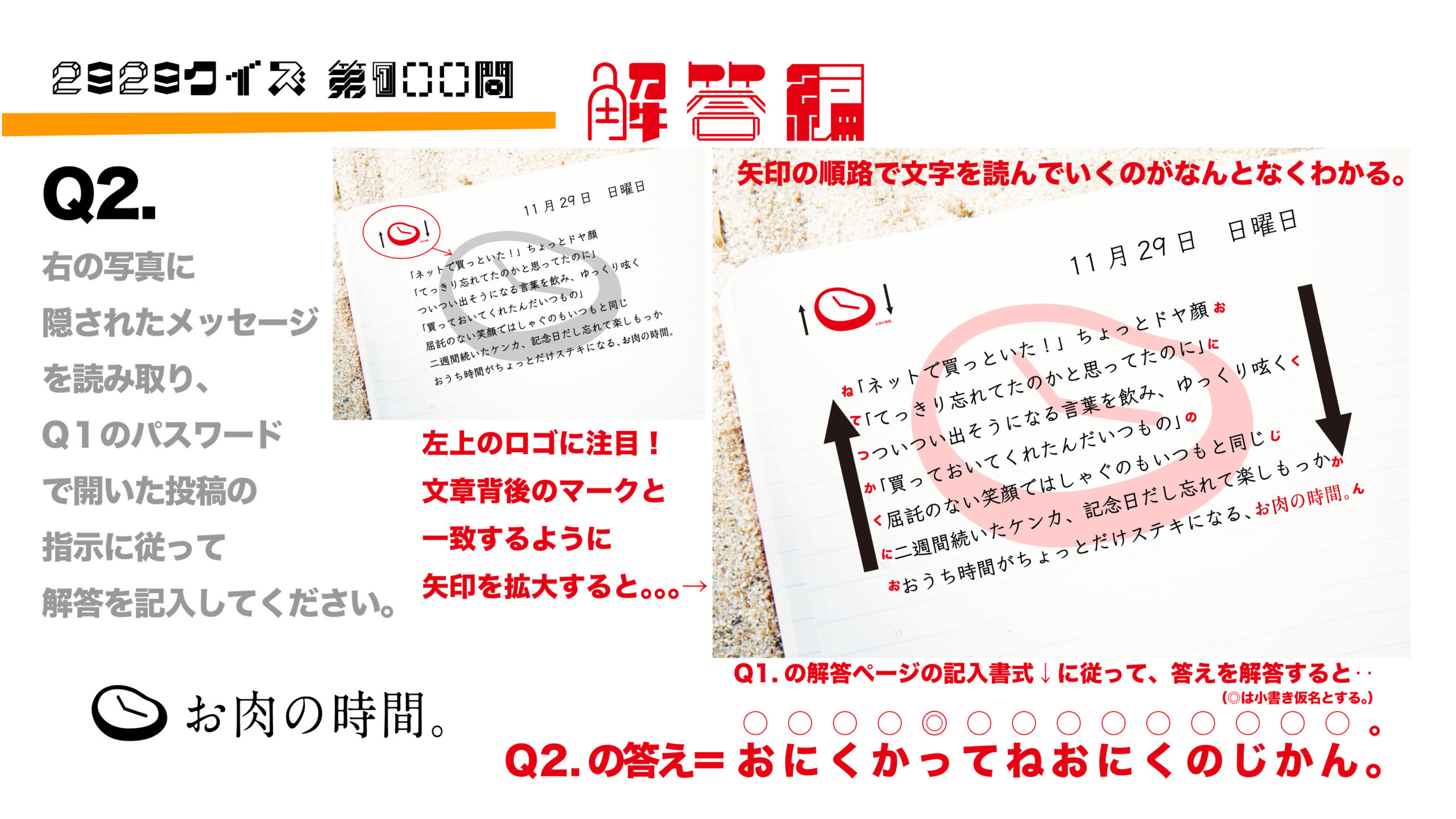 2929クイズ第100問 12 6朝9時までに謎を解いた方に抽選でお肉プレゼント お肉の時間