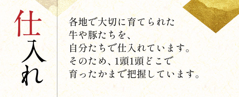 仕入れの説明。各地で大切に育てられた牛や豚たちを自分たちで仕入れています。