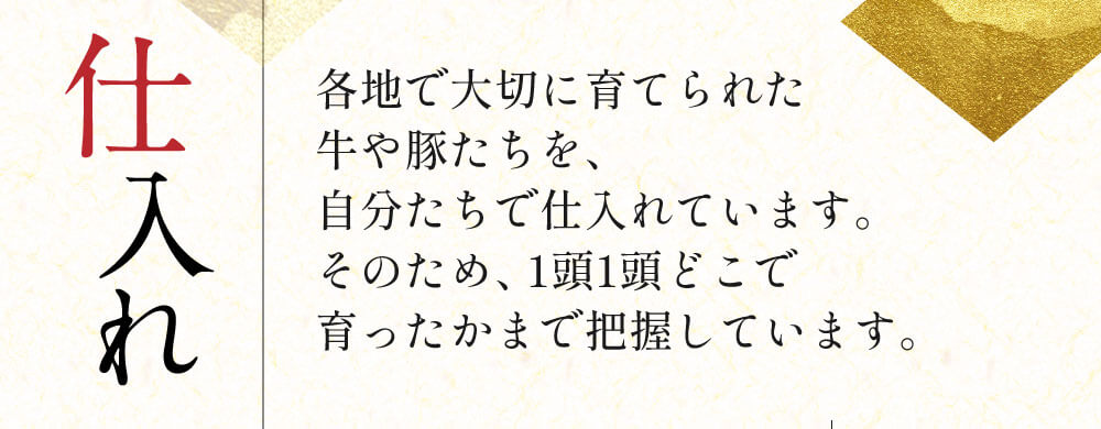 仕入れの説明。各地で大切に育てられた牛や豚たちを自分たちで仕入れています。