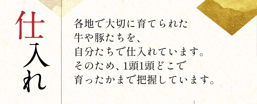 仕入れの説明。各地で大切に育てられた牛や豚たちを自分たちで仕入れています。